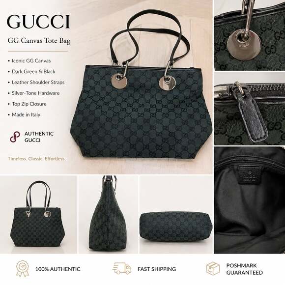 Gucci Handbags - Gucci GG Canvas Tote Bag Dark Green & Black Vintage